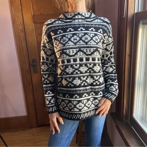 J. Jill Fair Isle Nordic Sweater S P Black White Wool Blend Fisherman Holiday